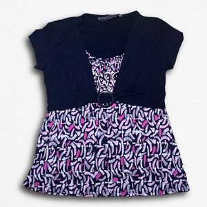 Simply French Women Black Pink Abstract Empire Waist O-Ring Layered Look Blouse